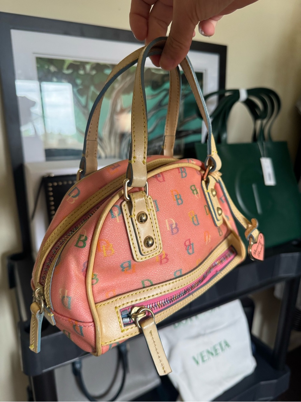 Dooney & Bourke Coral Pink Multi Logo Mini Satchel with Tan Trim - Picture 3 of 10